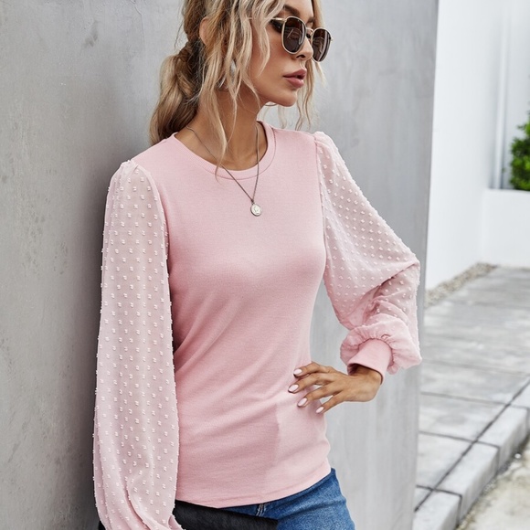 polka dot sheer balloon long sleeve top PINK - Picture 4 of 14